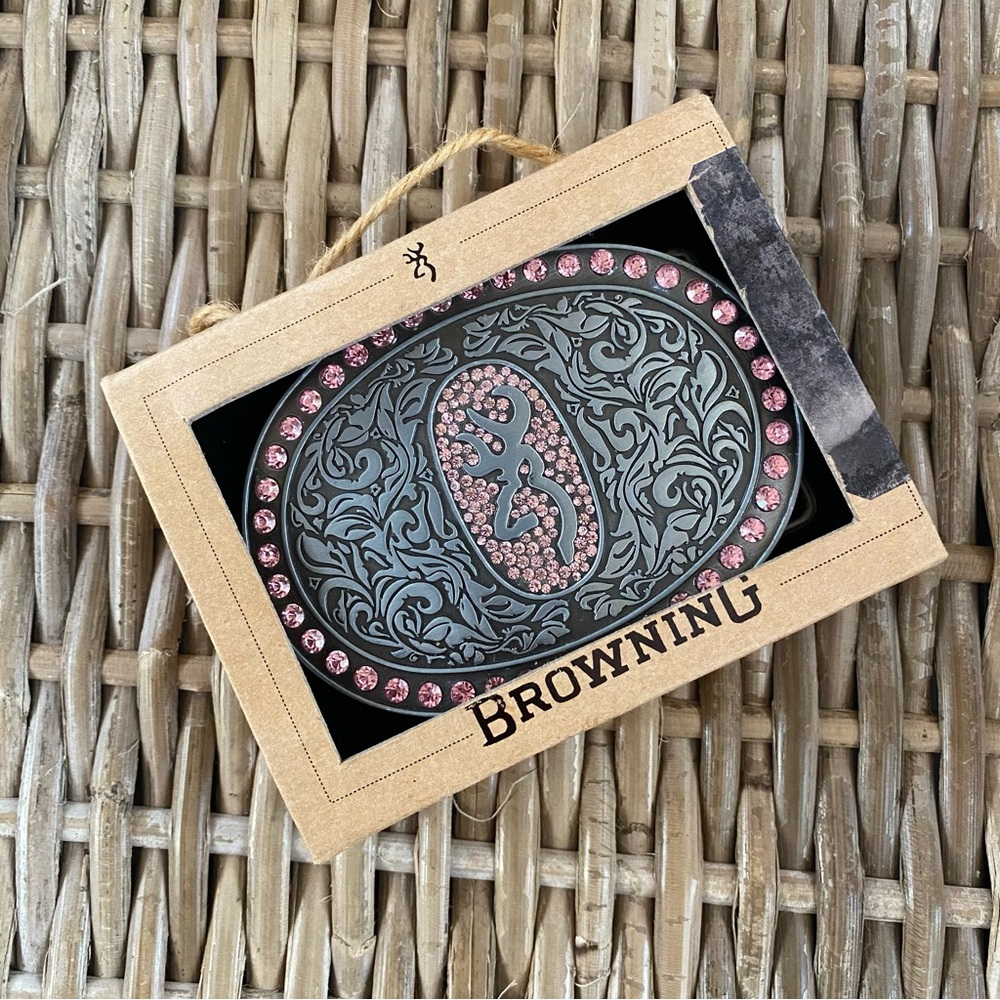 Browning Belt Buckle NEW Silver and Pink Rhinestones
